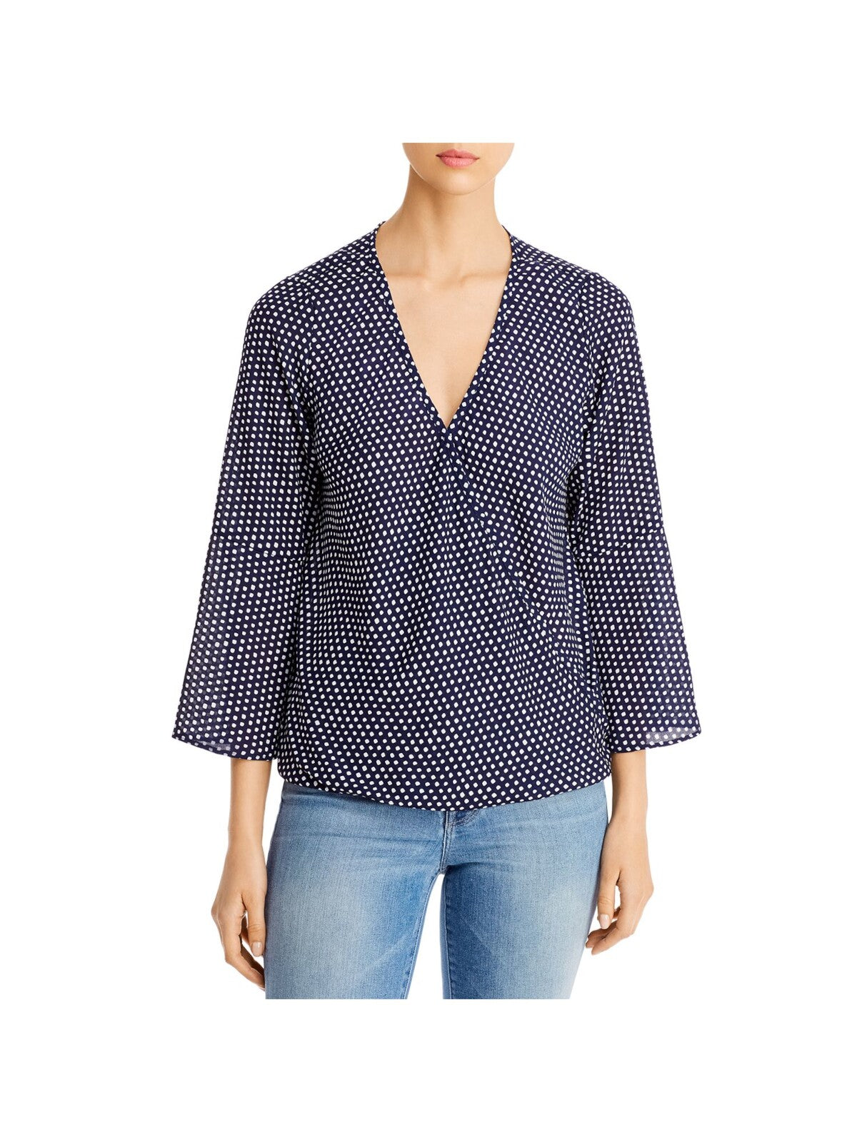 STATUS BY CHENAULT Womens Navy Printed Bell Sleeve Surplice Neckline Wear To Work Faux Wrap Top XS