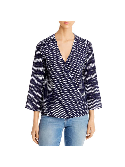 STATUS BY CHENAULT Womens Blue Printed Bell Sleeve Surplice Neckline Wear To Work Faux Wrap Top S