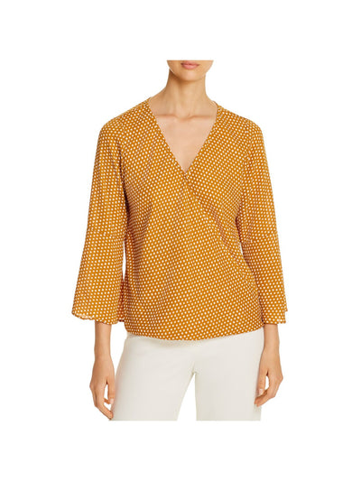 STATUS BY CHENAULT Womens Yellow Printed Bell Sleeve Surplice Neckline Wear To Work Faux Wrap Top XS