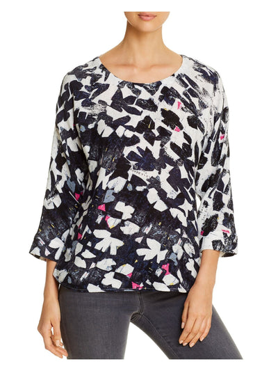 NIC+ZOE Womens Navy Printed 3/4 Sleeve Jewel Neck Top L