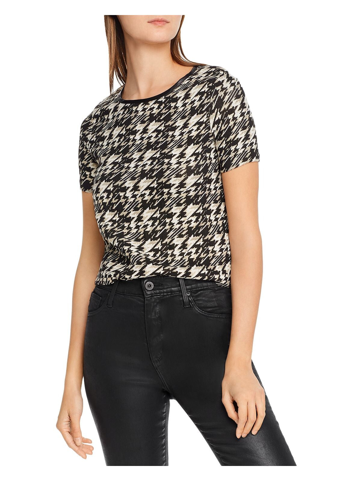 AQUA Womens Black Embellished Houndstooth Short Sleeve Jewel Neck Top S