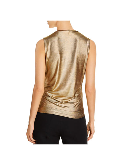 KOBI HALPERIN Womens Gold Stretch Metallic Twist Front Sleeveless Jewel Neck Cocktail Tank Top S
