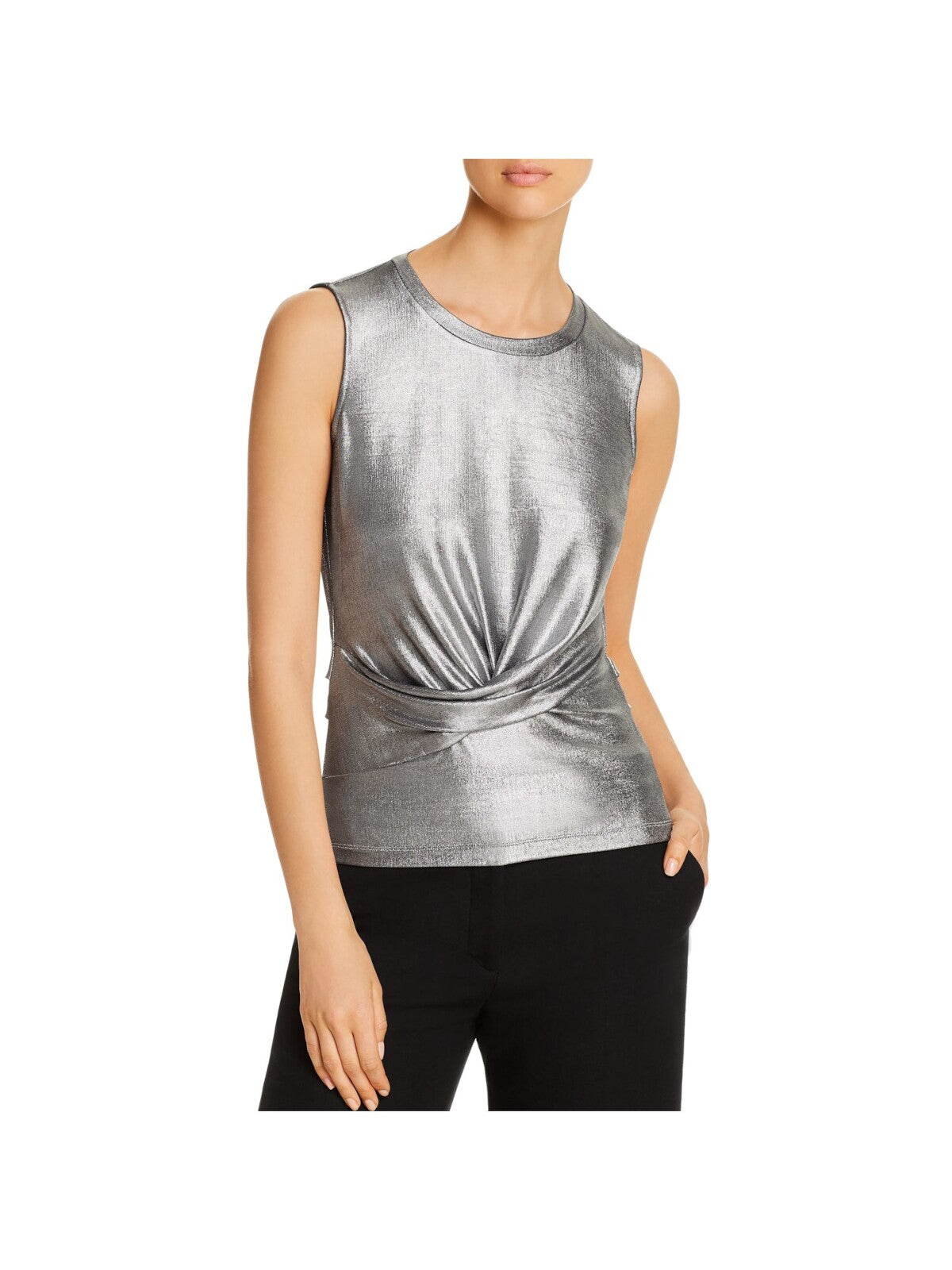 KOBI HALPERIN Womens Silver Stretch Metallic Sheer Draped Front Sleeveless Round Neck Wear To Work Tank Top S