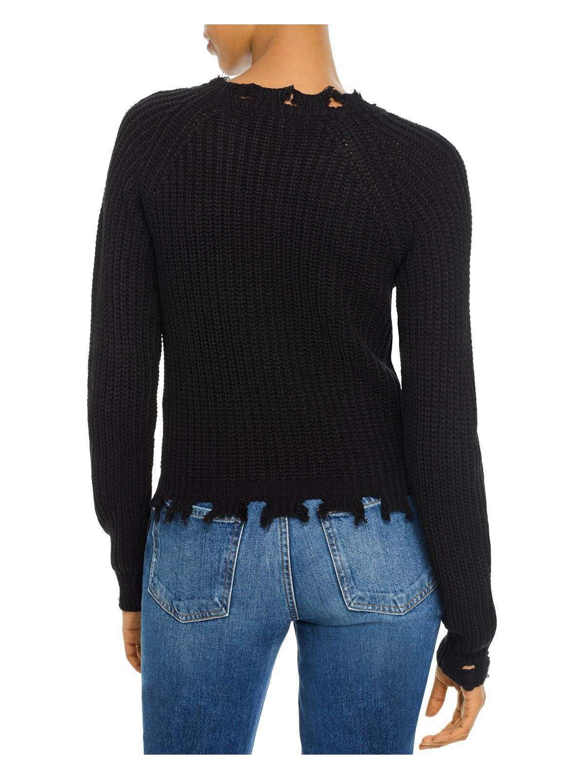 AQUA Womens Black Distressed Shaker-stitch Long Sleeve Scoop Neck Sweater XS
