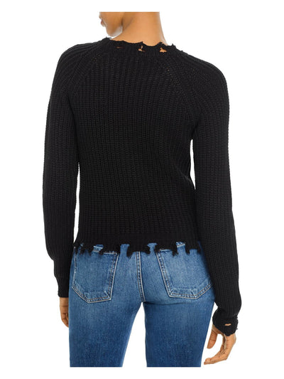 AQUA Womens Black Distressed Shaker-stitch Long Sleeve Scoop Neck Sweater XS
