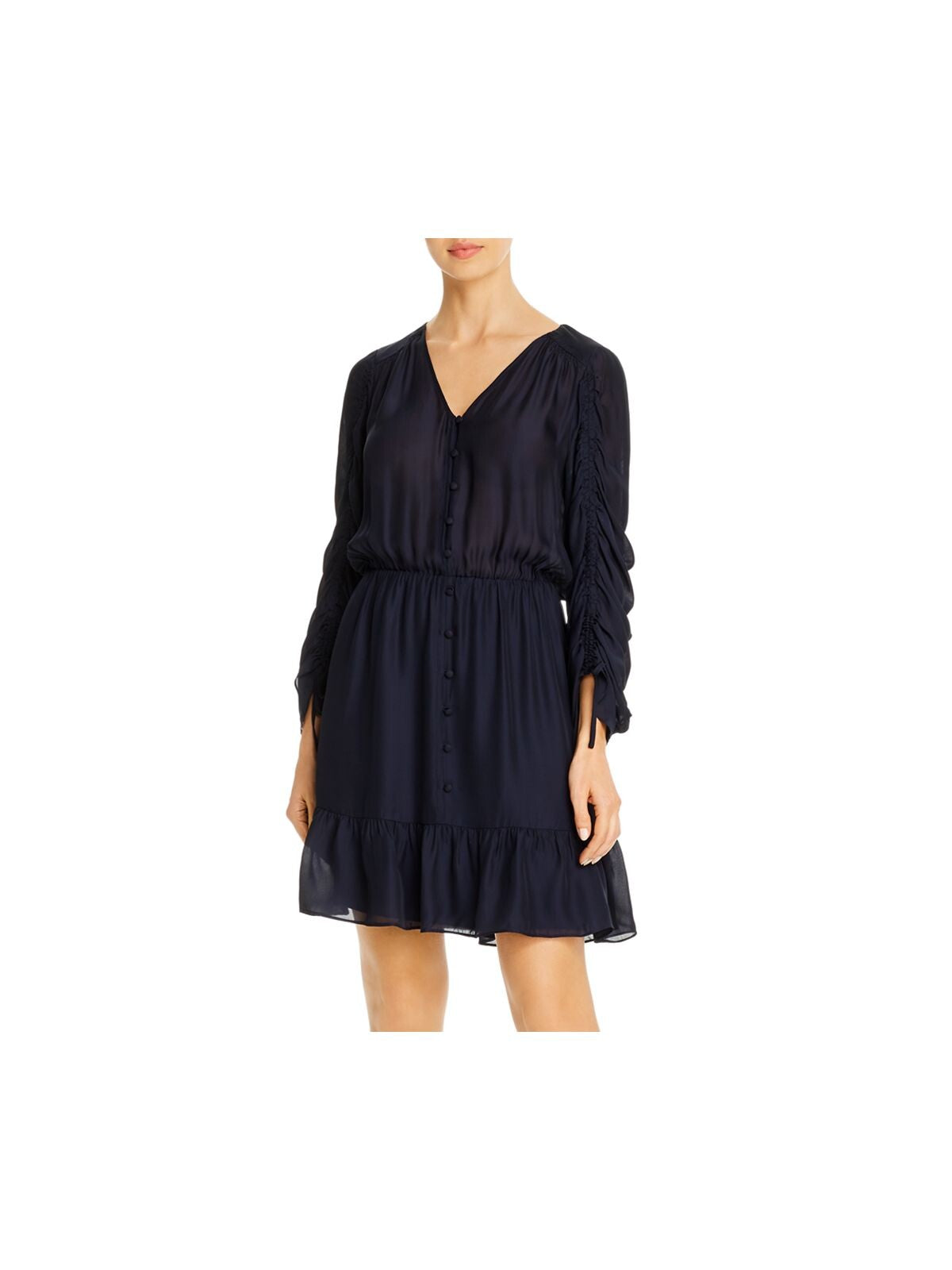 PARKER Womens Navy Ruffled Ruched Sleeve V Neck Short Wear To Work Fit + Flare Dress S