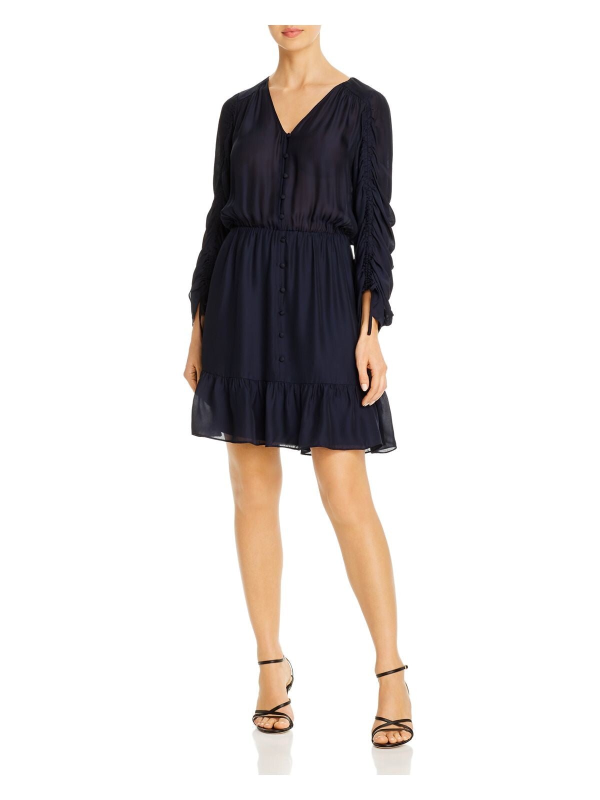 PARKER Womens Navy Ruffled Ruched Sleeve V Neck Short Wear To Work Fit + Flare Dress S