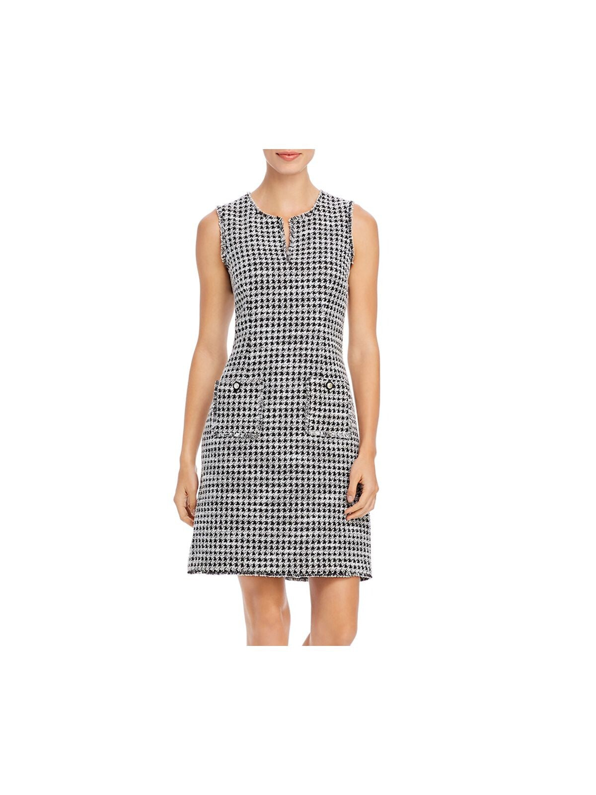 KARL LAGERFELD Womens Black Frayed Zippered Lined Pocketed Embroidered Houndstooth Sleeveless Split Above The Knee Wear To Work Sheath Dress 12