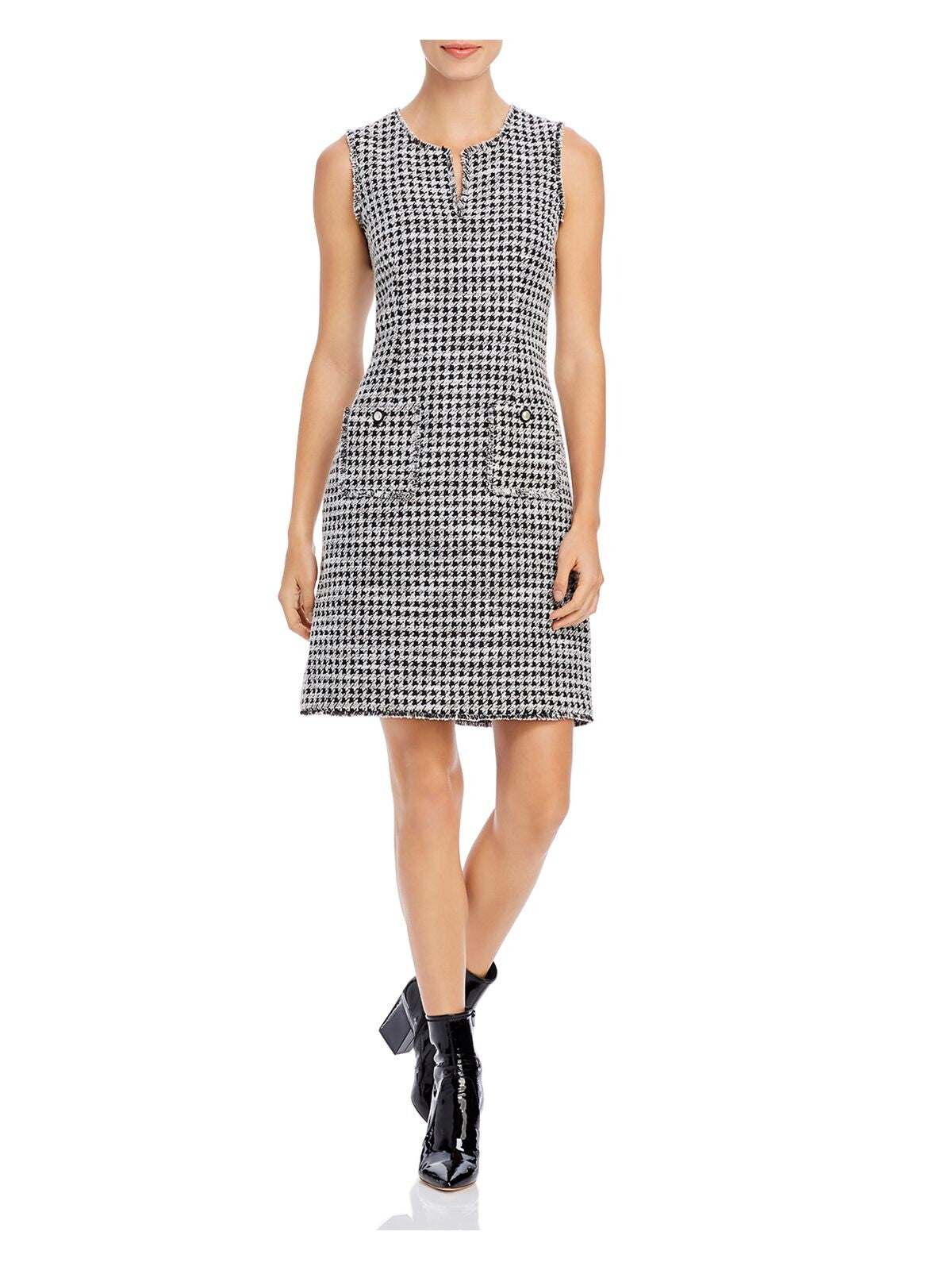 KARL LAGERFELD Womens Black Frayed Zippered Lined Pocketed Embroidered Houndstooth Sleeveless Split Above The Knee Wear To Work Sheath Dress 12