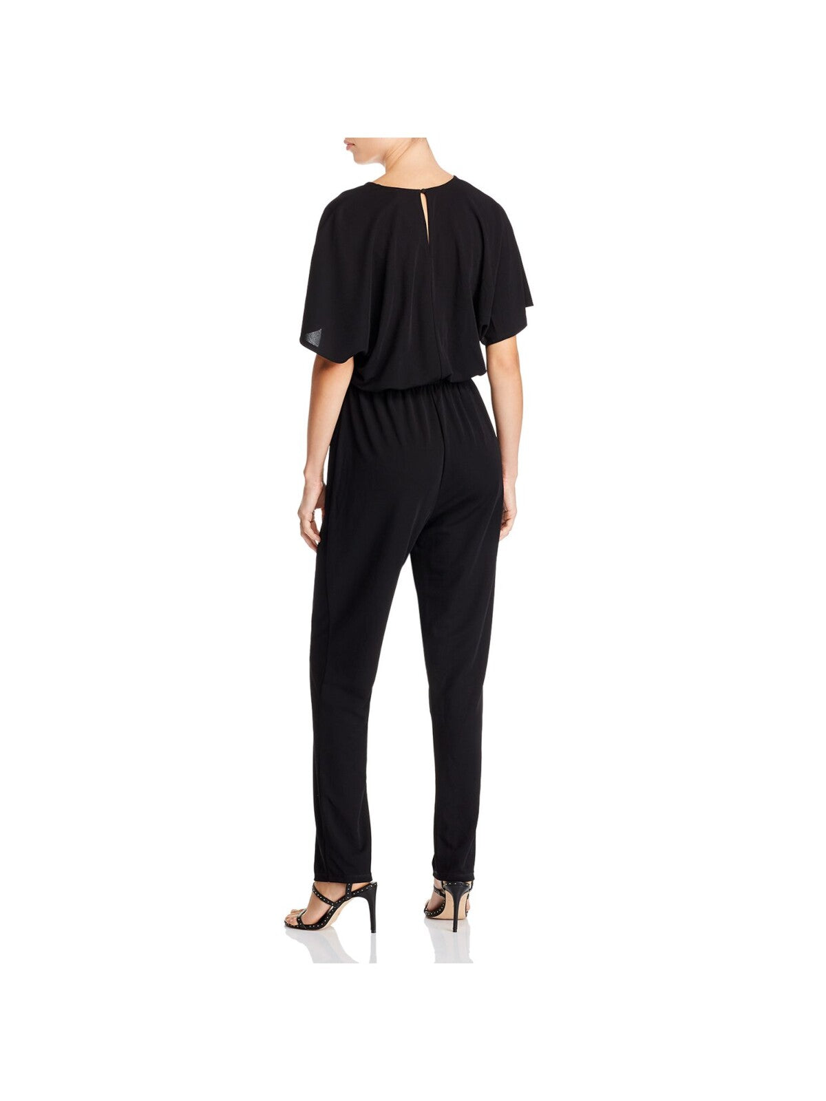 LEOTA Womens Black Stretch Animal Print Short Sleeve V Neck Evening Straight leg Jumpsuit S