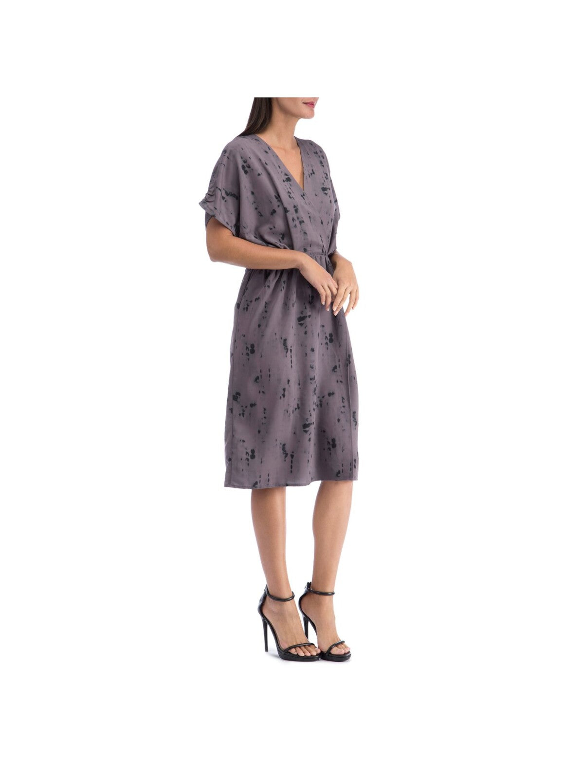 COLLECTION BY BOBEAU Womens Gray Printed Short Sleeve Surplice Neckline Below The Knee Cocktail Faux Wrap Dress S