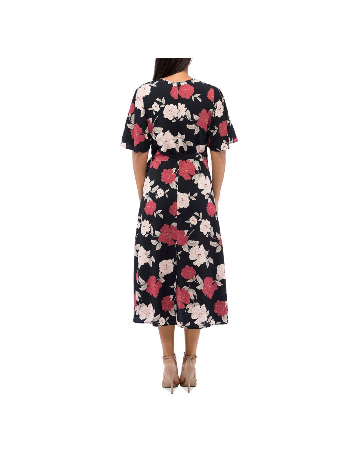 COLLECTION BY BOBEAU Womens Black Ruffled Hi-lo Hem Lined Skirt Floral Elbow Sleeve Surplice Neckline Midi Wear To Work Wrap Dress M