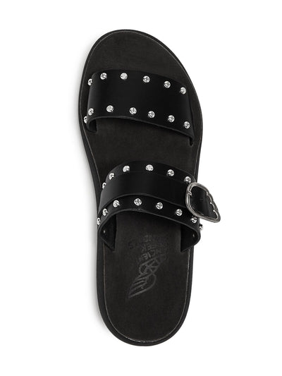 ANCIENT GREEK SANDALS Womens Black Buckle Accent Studded Preveza Round Toe Wedge Slip On Leather Slide Sandals Shoes 41
