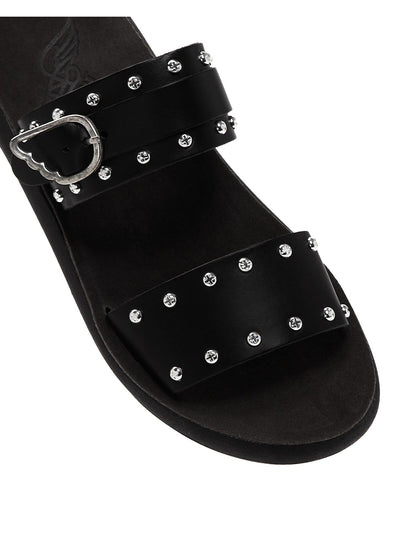 ANCIENT GREEK SANDALS Womens Black Buckle Accent Studded Preveza Round Toe Wedge Slip On Leather Slide Sandals Shoes