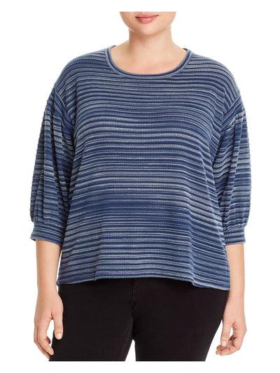 CUPIO BLUSH Womens Navy Stretch Striped Pouf Sleeve Round Neck Top Plus 1X