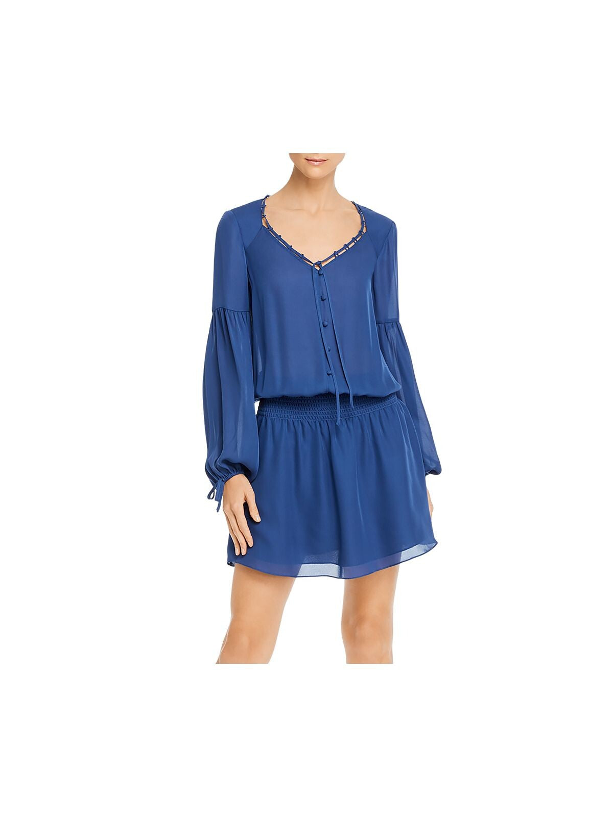 PARKER Womens Blue Tie Smocked Long Sleeve Sweetheart Neckline Mini Blouson Dress S