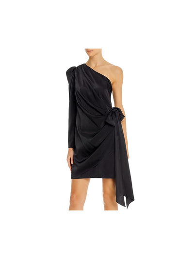 AIDAN MATTOX Womens Ruched Zippered One-shoulder Puff-sleeve Long Sleeve Asymmetrical Neckline Mini Cocktail Shift Dress