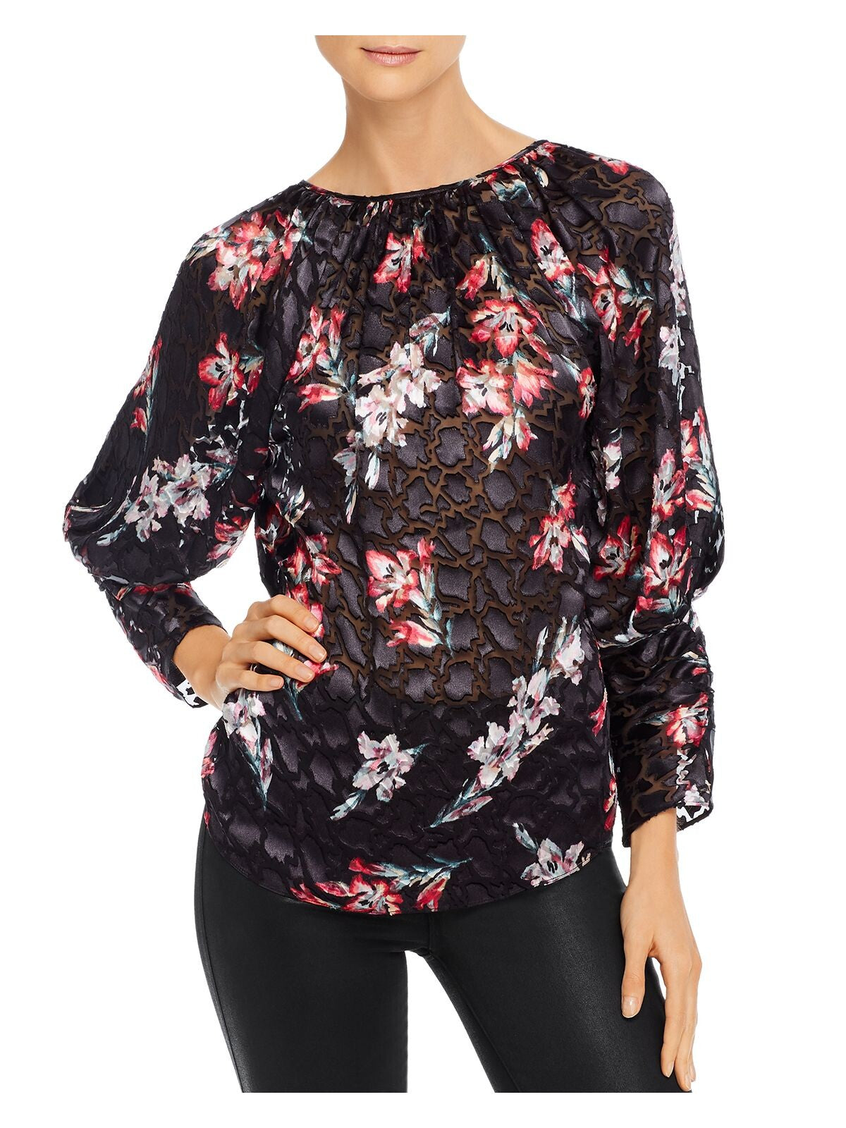 REBECCA TAYLOR Womens Black Sheer Floral Long Sleeve Keyhole Wear To Work Blouse 6