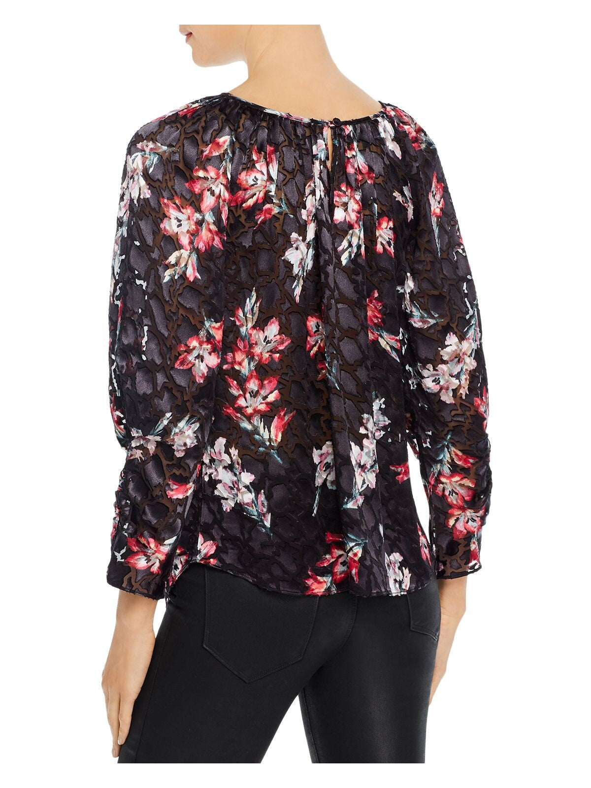 REBECCA TAYLOR Womens Black Sheer Floral Long Sleeve Keyhole Wear To Work Blouse 6
