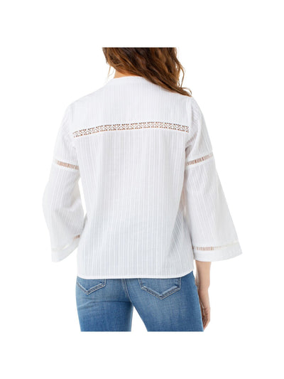 LIVERPOOL Womens Textured Crochet Inset  Button Pin Tuck Bell Sleeve Button Up Top