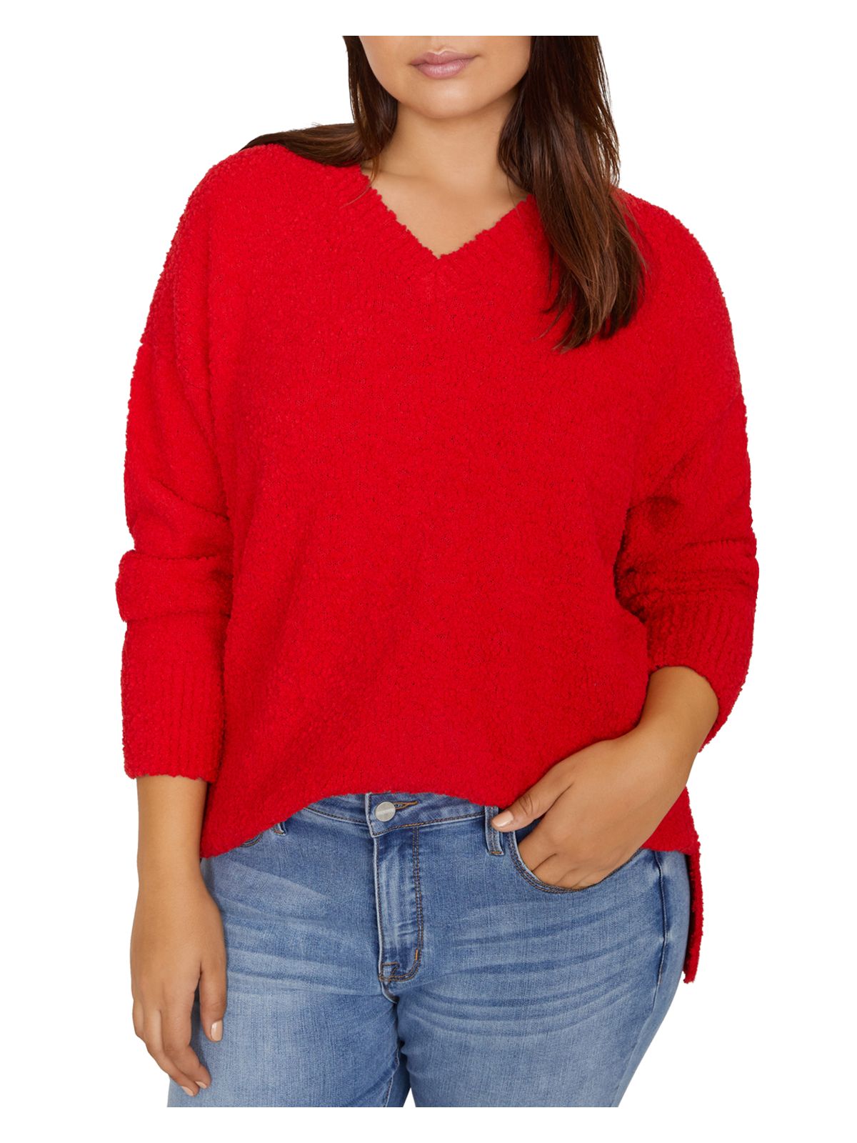 SANCTUARY Womens Red Slitted Textured Ribbed Trim Step Hem Long Sleeve V Neck Sweater 2X