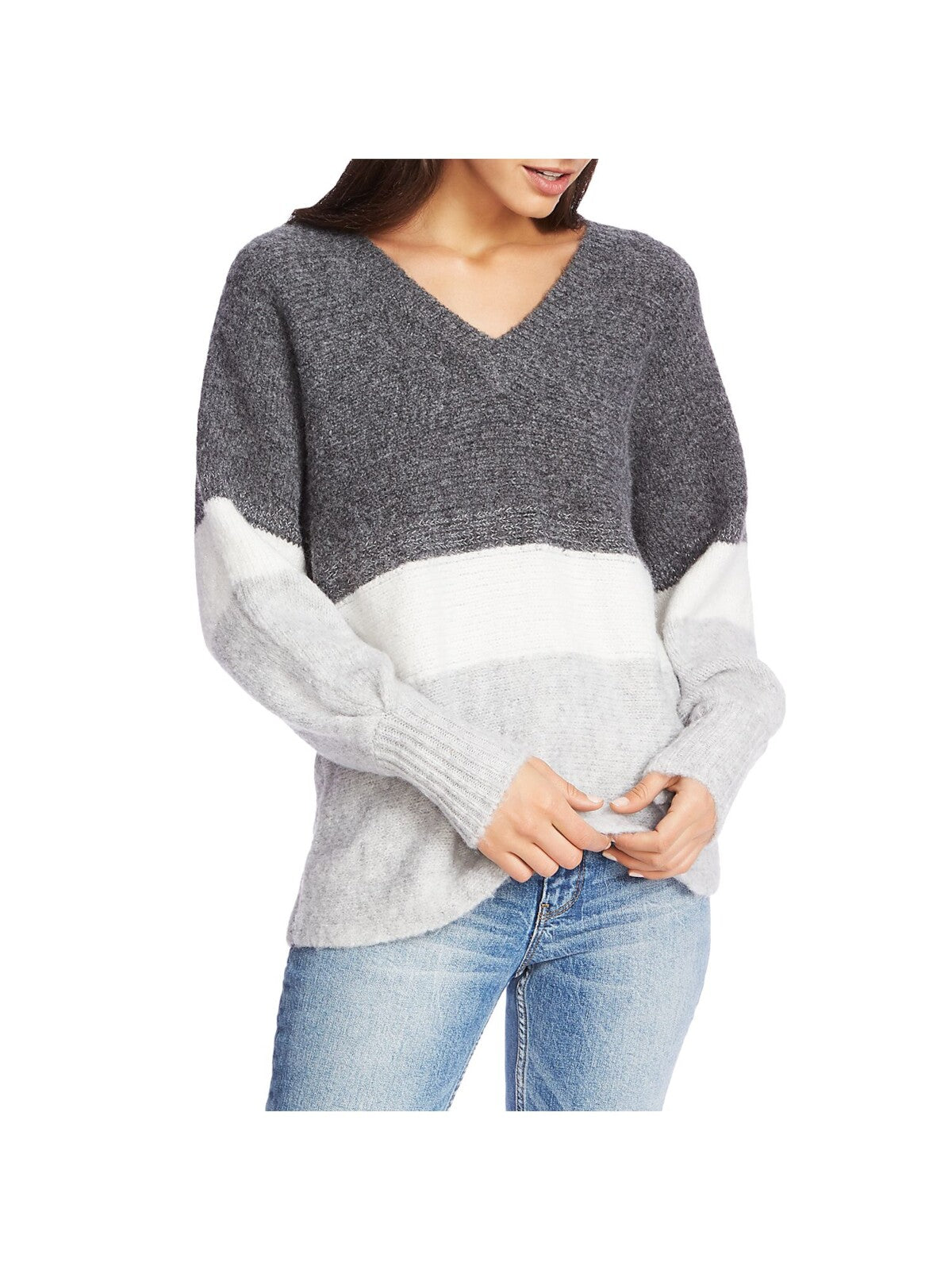 1. STATE Womens Gray Color Block Long Sleeve V Neck Wear To Work Sweater XXS