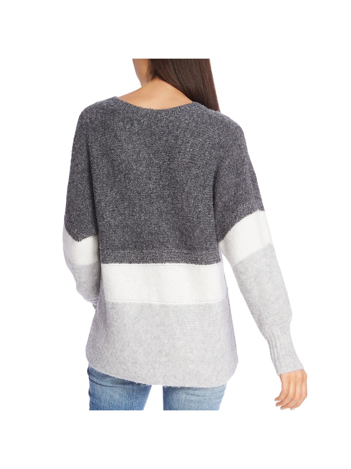 1. STATE Womens Gray Color Block Long Sleeve V Neck Wear To Work Sweater XS