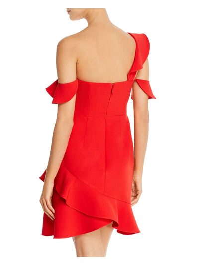 BCBG MAXAZRIA Womens Red Cold Shoulder Asymmetrical Neckline Short Party Fit + Flare Dress 12