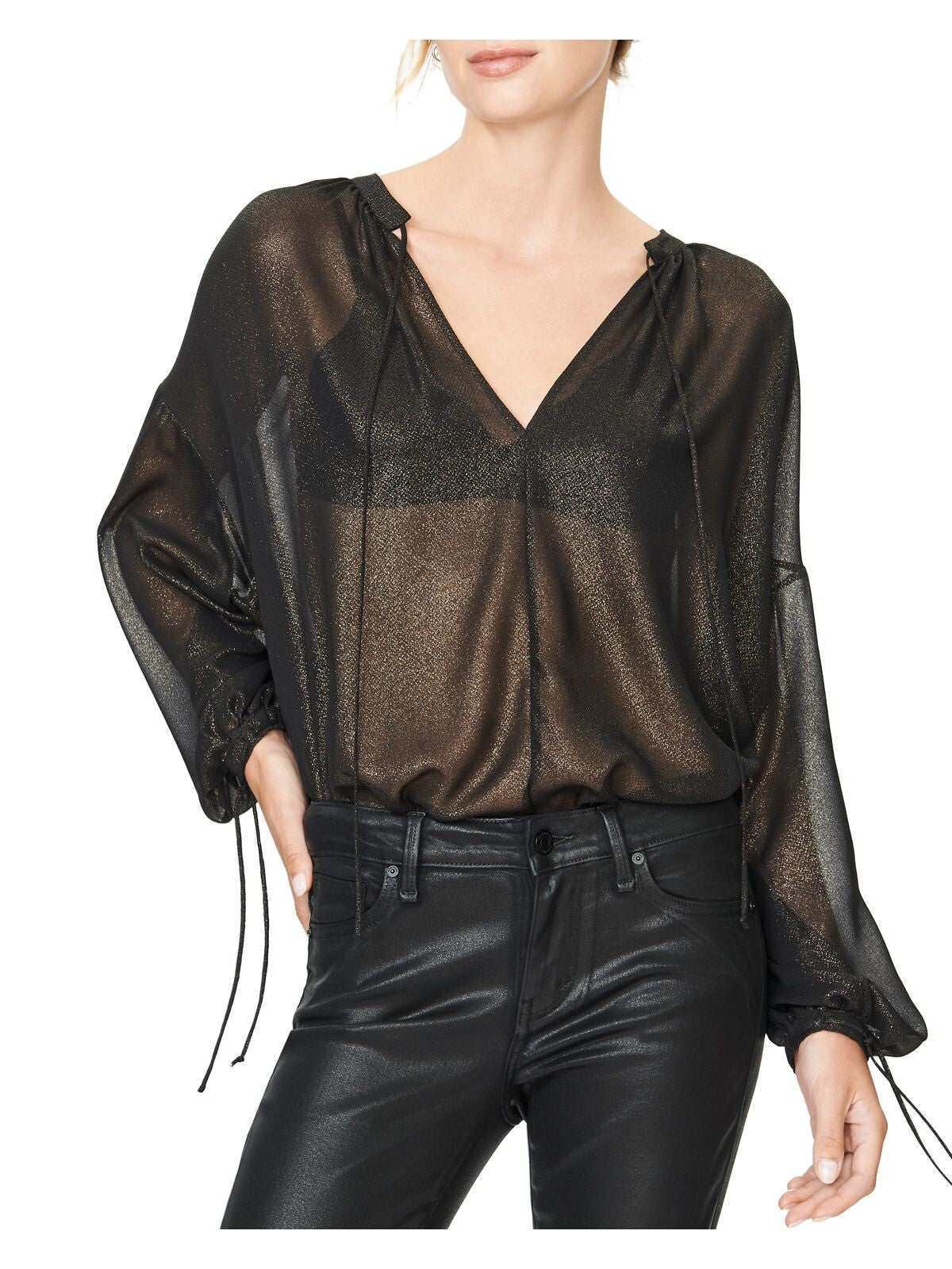 HABITUAL Womens Gold Metallic Sheer Tie Neck And Sleeves Long Sleeve V Neck Blouse S