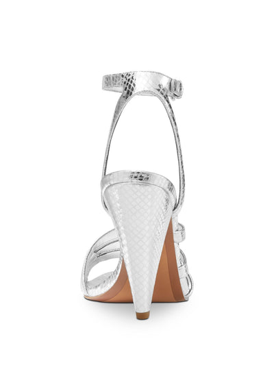 MICHAEL KORS Womens Silver Snake Print Strappy Cushioned Kimmy Round Toe Cone Heel Buckle Leather Dress Sandals Shoes 7