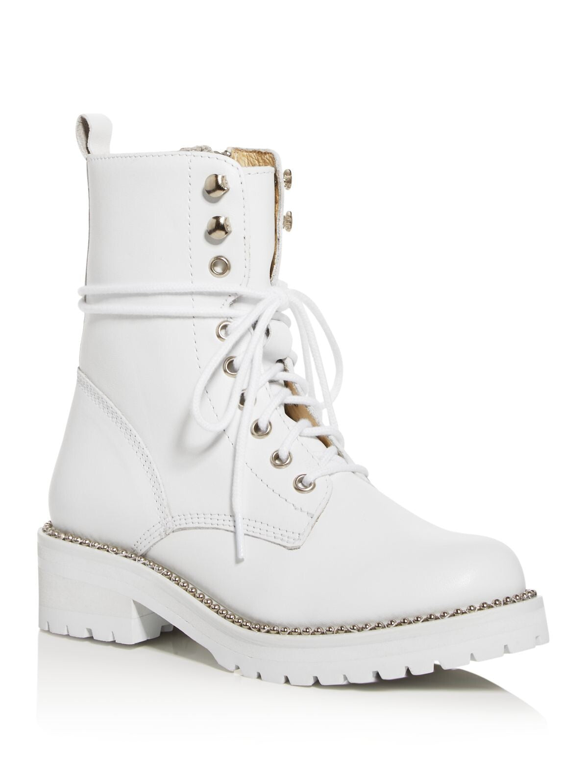 AQUA Womens White Lace-Up 1" Platform Pull Tab Beaded Lug Sole Jax Round Toe Block Heel Zip-Up Leather Combat Boots 5.5 M