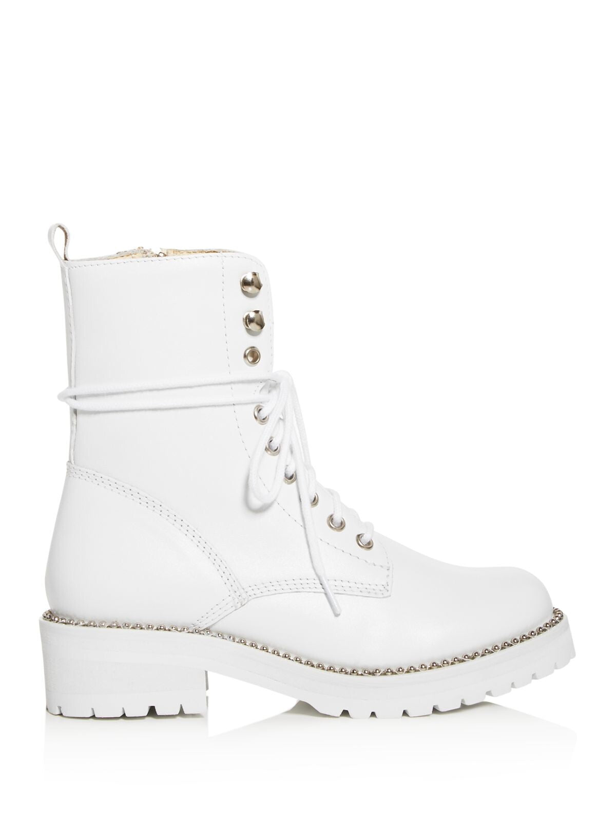 AQUA Womens White Lace-Up 1" Platform Pull Tab Beaded Lug Sole Jax Round Toe Block Heel Zip-Up Leather Combat Boots 5.5 M