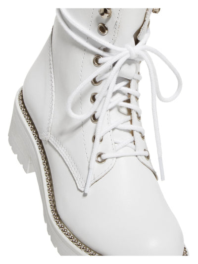 AQUA Womens White Lace-Up 1" Platform Pull Tab Beaded Lug Sole Jax Round Toe Block Heel Zip-Up Leather Combat Boots M