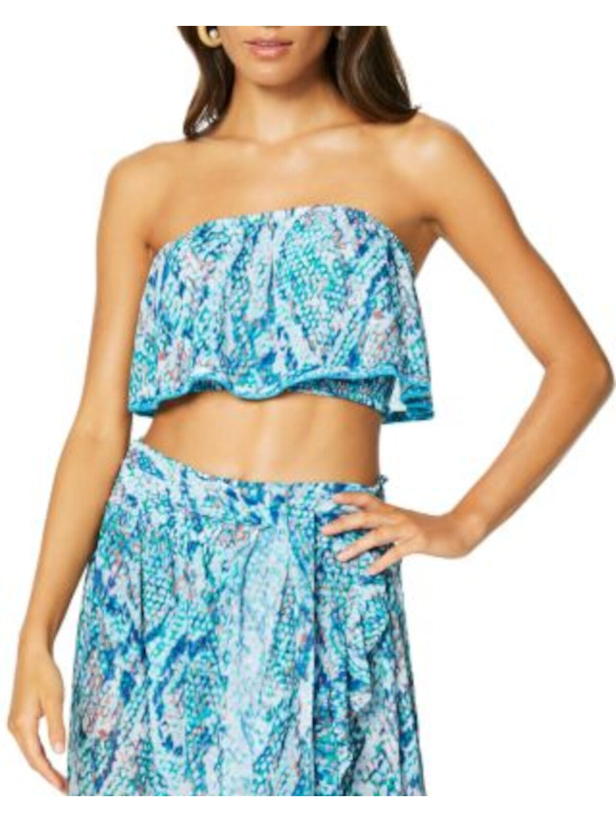 RAMY BROOK Women's Blue Cropped Pullover Smocked Ruffled Meena Bandeau Swimsuit Cover Up M