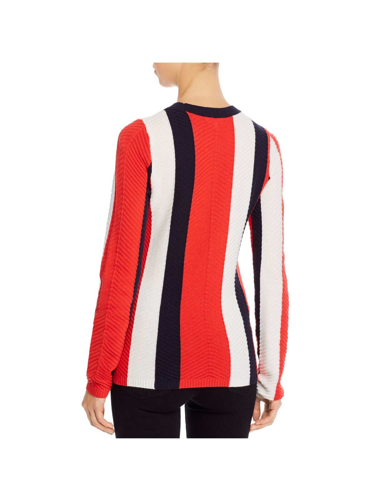 MINNIEROSE Womens Red Stretch Ribbed Striped Long Sleeve Crew Neck Sweater M