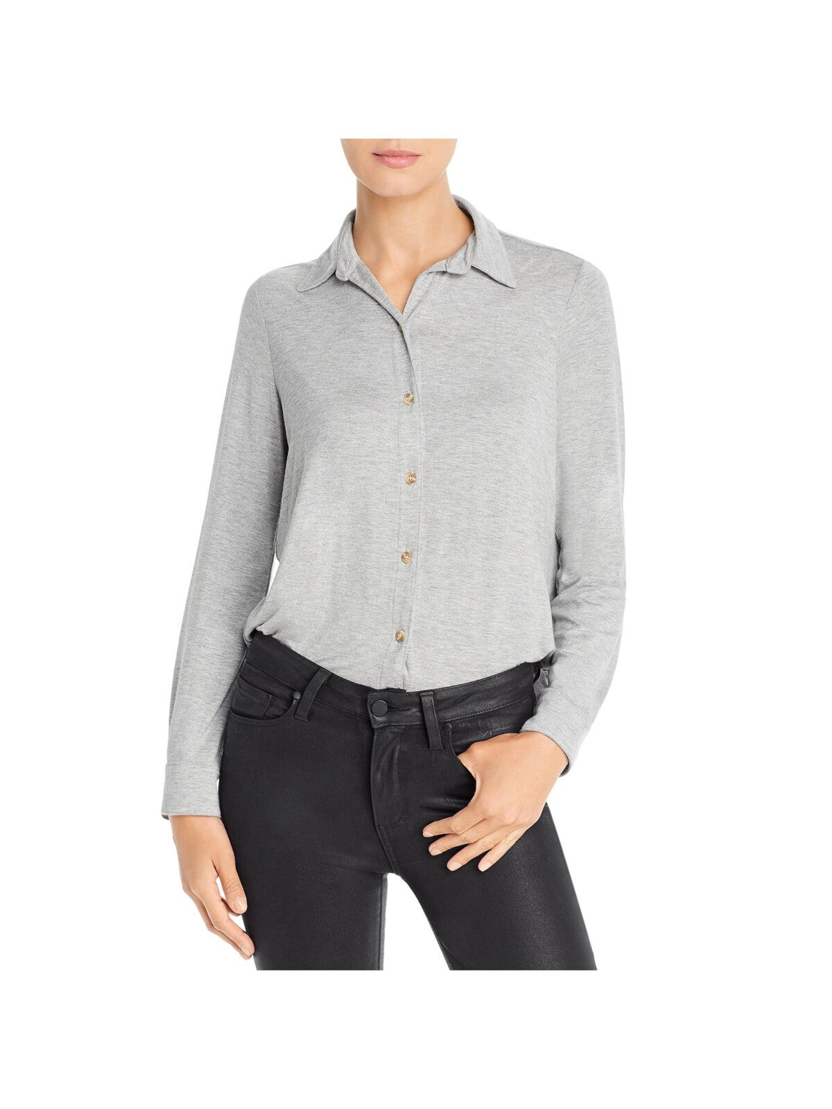 THREE DOTS Womens Gray Stretch Heather Long Sleeve Collared Button Up Top M