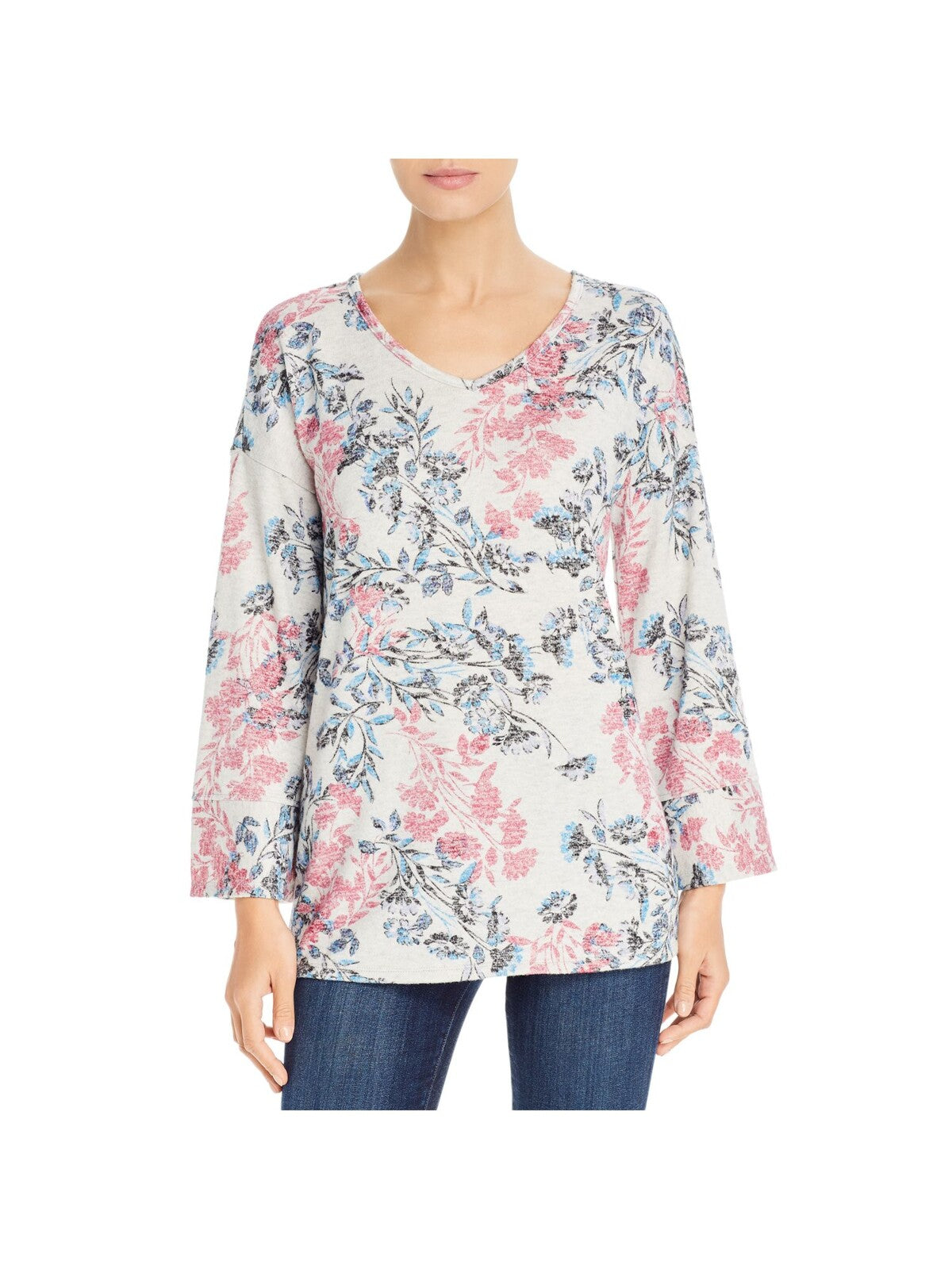 CUPIO BLUSH Womens White Stretch Floral Long Sleeve V Neck Sweater S