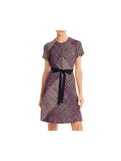 REBECCA TAYLOR Womens Purple Belted Speckle Short Sleeve Jewel Neck Above The Knee Cocktail Sheath Dress 4