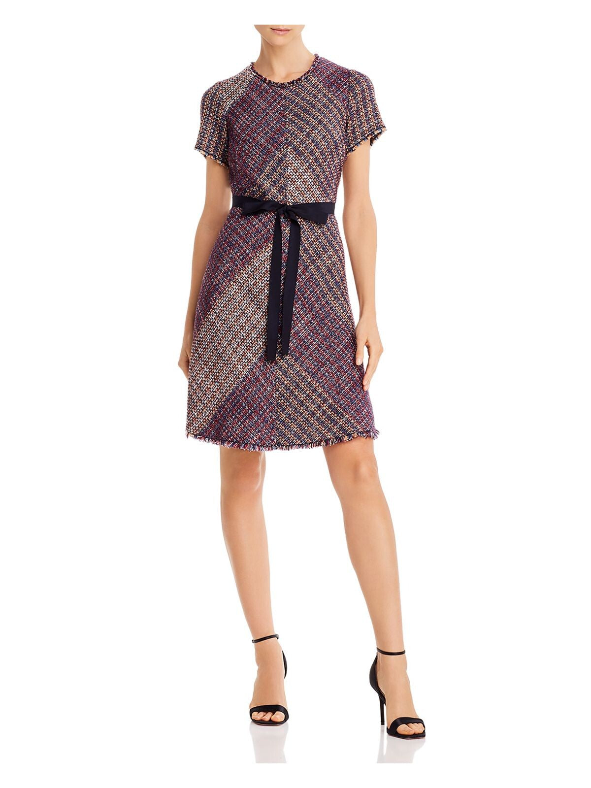 REBECCA TAYLOR Womens Purple Belted Speckle Short Sleeve Jewel Neck Above The Knee Cocktail Sheath Dress 4