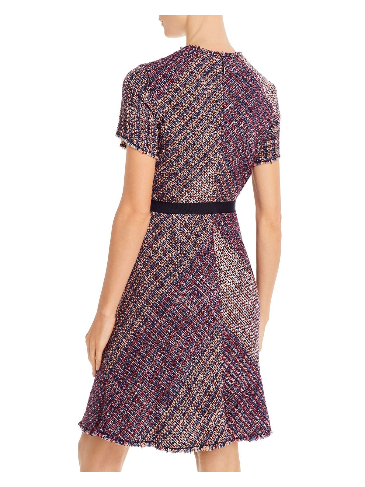 REBECCA TAYLOR Womens Purple Belted Speckle Short Sleeve Jewel Neck Above The Knee Cocktail Sheath Dress 4