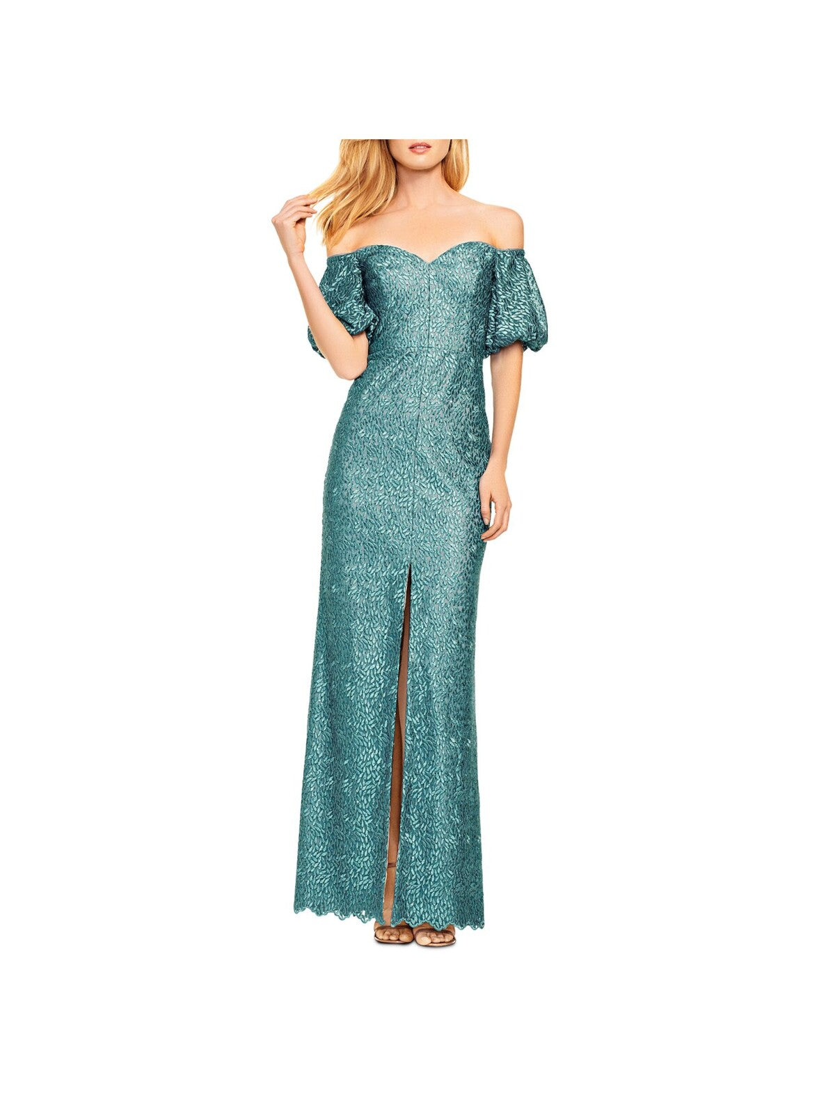 AIDAN MATTOX Womens Teal Lace Embroidered Zippered Slitted Elbow Sleeve Off Shoulder Full-Length Formal Gown Dress 0