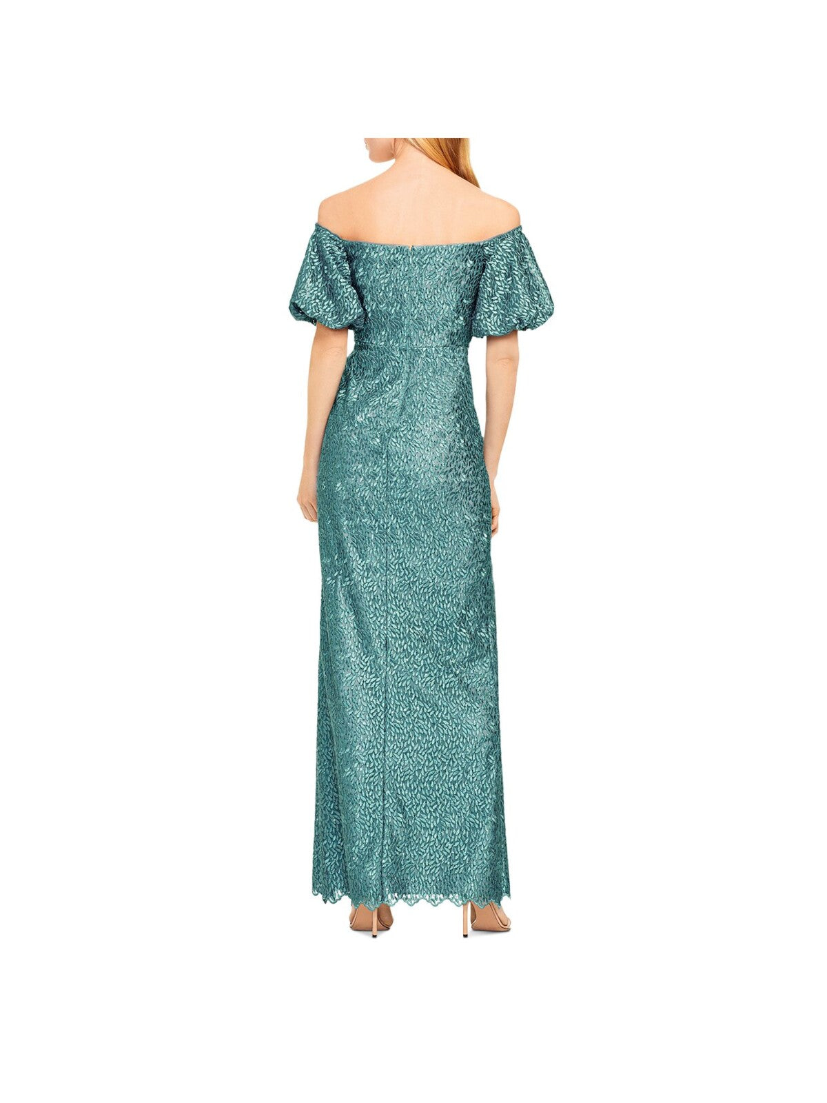 AIDAN MATTOX Womens Teal Lace Embroidered Zippered Slitted Elbow Sleeve Off Shoulder Full-Length Formal Gown Dress 0