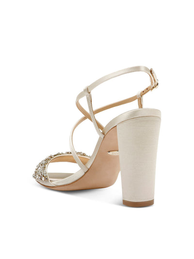 BADGLEY MISCHKA Womens Beige Designer Heel Rhinestone Adjustable Strap Carolyn Open Toe Buckle Dress Sandals Shoes 8