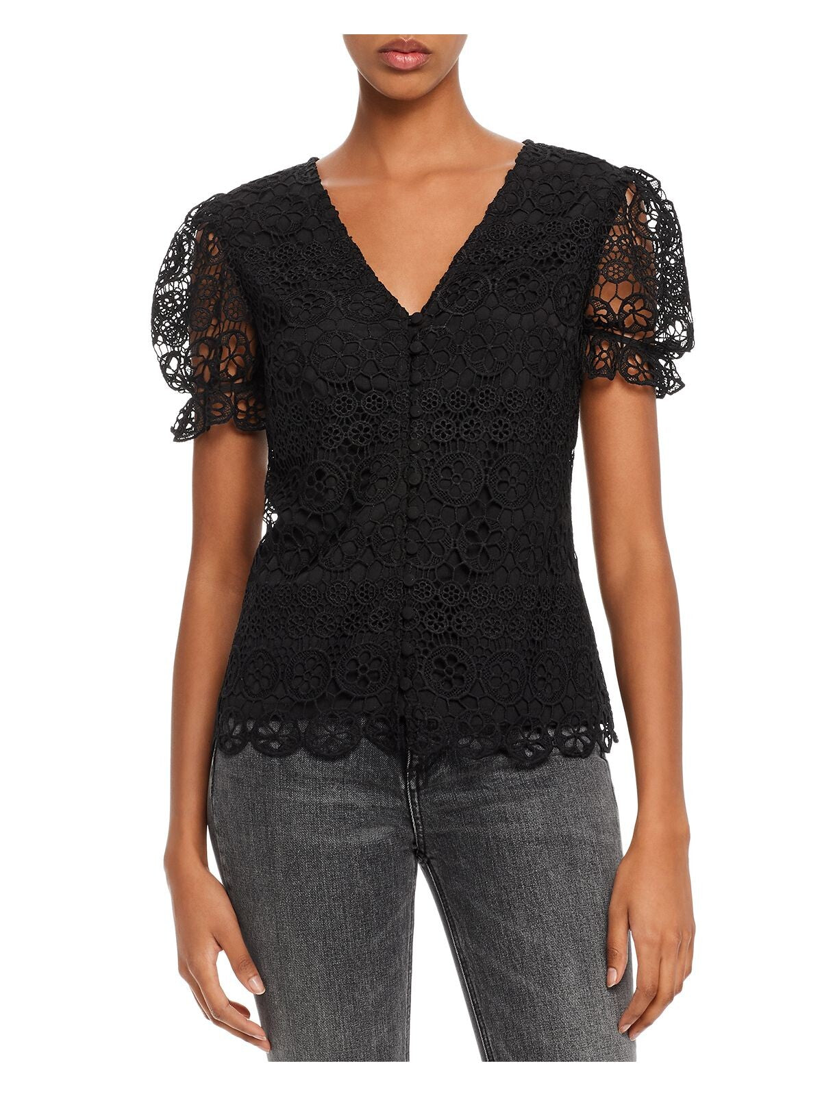 AQUA Womens Black Lace  Overlay Short Sleeve V Neck Button Up Sweater S