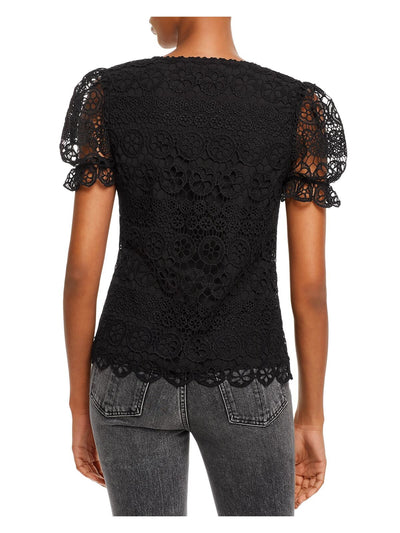 AQUA Womens Lace  Overlay Short Sleeve V Neck Button Up Sweater