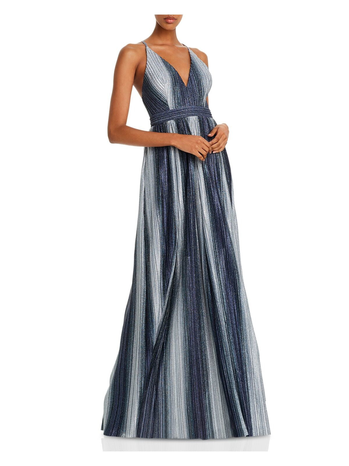 AQUA FORMAL Womens Silver Pleated Glitter Striped Spaghetti Strap V Neck Full-Length Evening Fit + Flare Dress 2