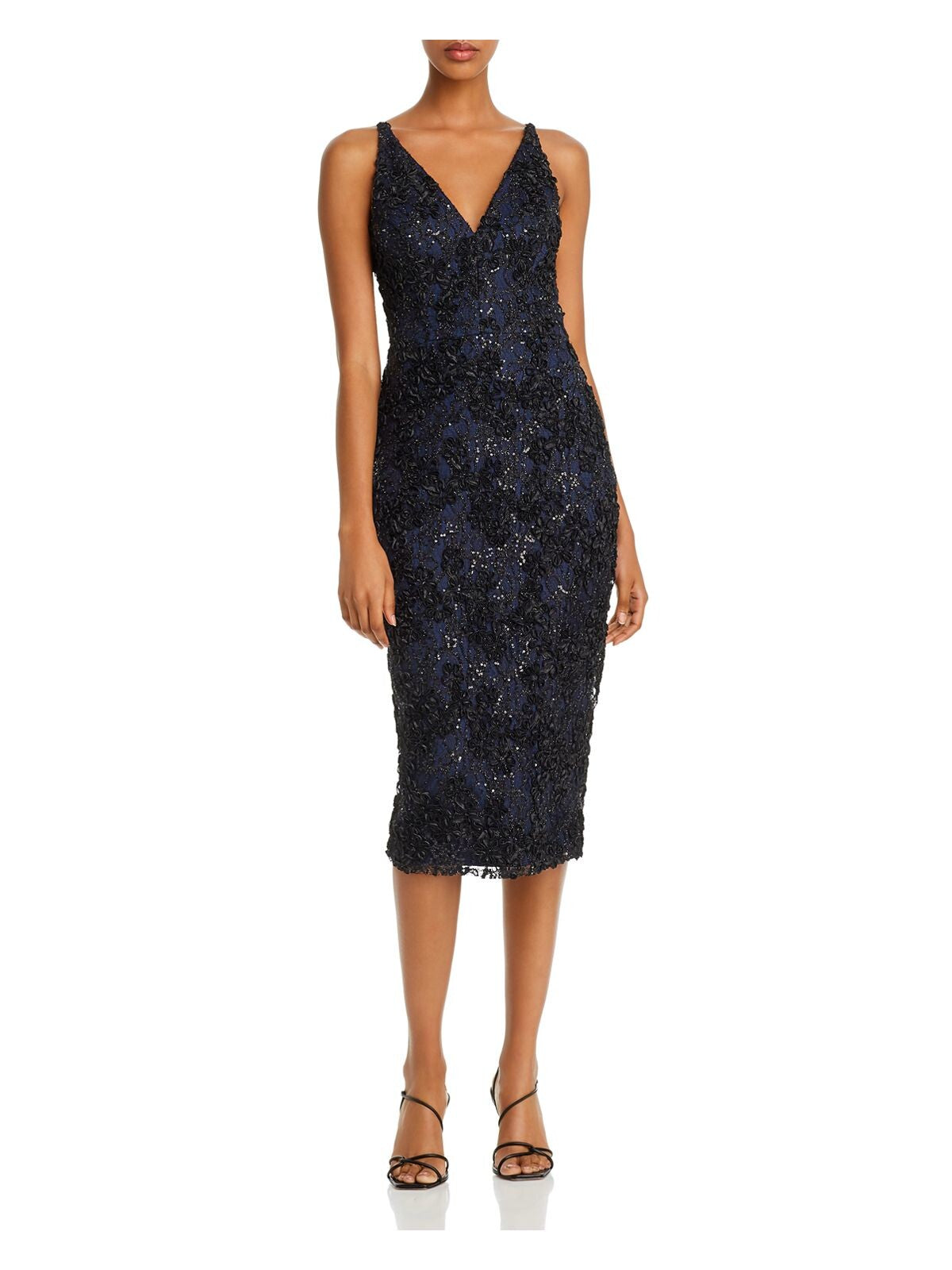 AQUA DRESSES Womens Navy Sequined Lace Sleeveless V Neck Midi Evening Body Con Dress 2