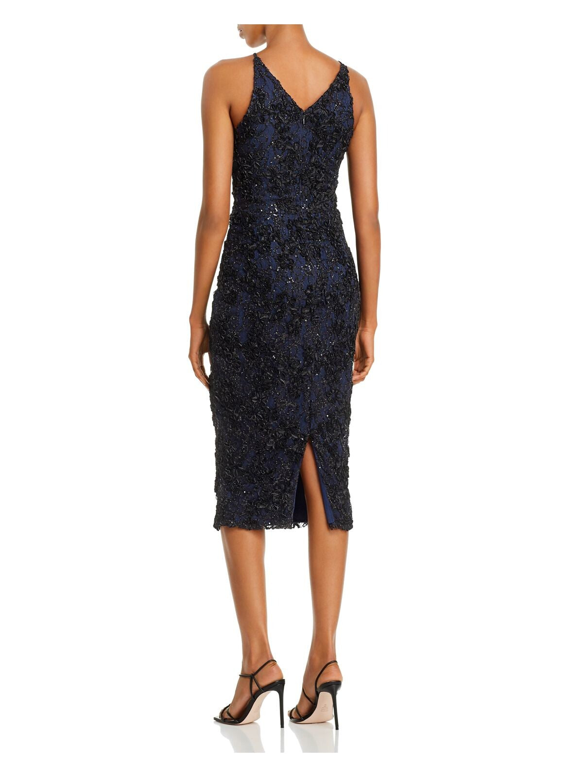 AQUA DRESSES Womens Navy Sequined Lace Sleeveless V Neck Midi Evening Body Con Dress 4