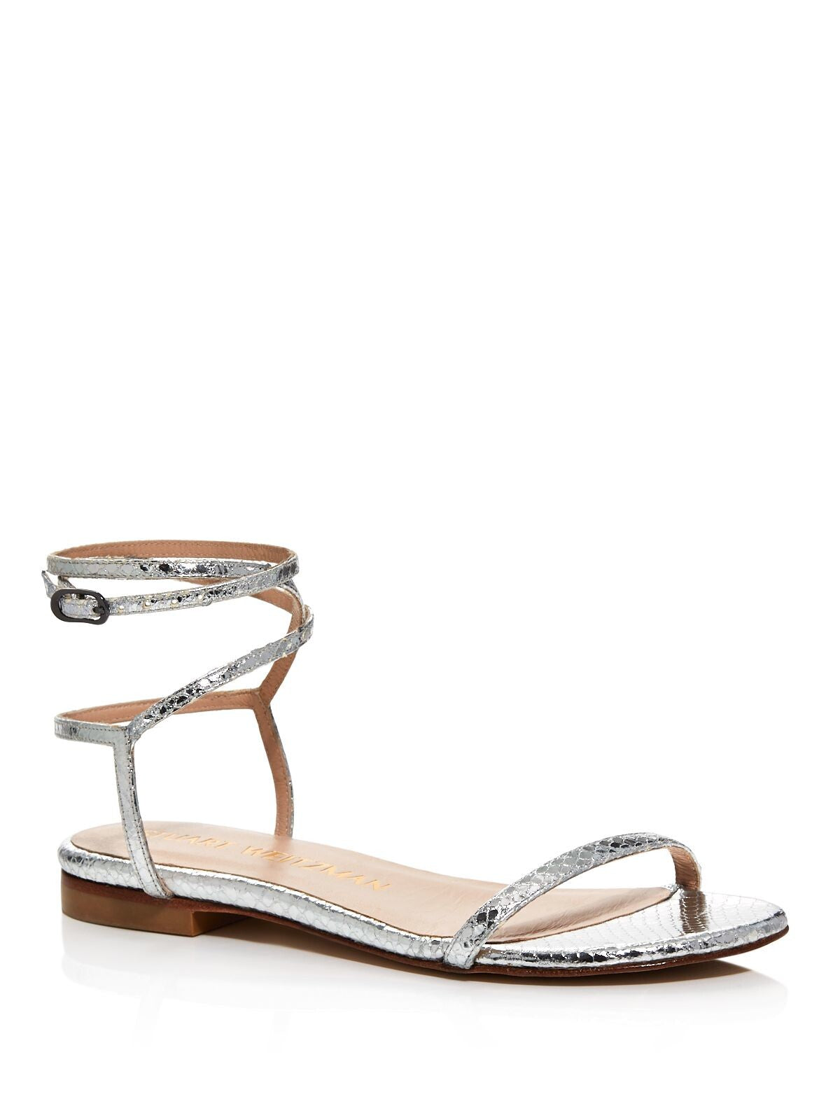 STUART WEITZMAN Womens Silver Snake Embossed Metallic Padded Merinda Round Toe Buckle Leather Dress Sandals 6.5 M