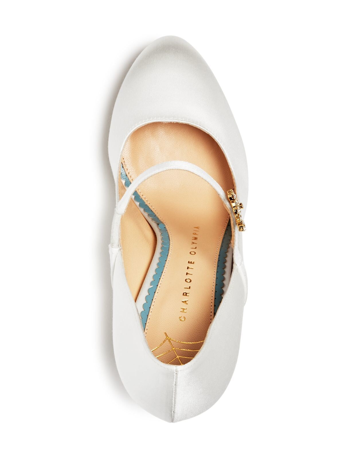 CHARLOTTE OLYMPIA Womens Open White Satin Logo Hardware Rhinestone Padded Fabri Round Toe Stiletto Slip On Dress Pumps Shoes 38